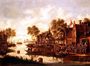A village kermesse with players on a stage by an inn and men drinking in boats Reproduction