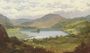 Sheep grazing in a mountainous lake landscape Reproduction