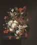 Jasmine, roses, poppies and other flowers and a butterfly in a glass vase on a ledge Reproduction
