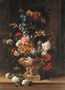 Parrot tulips, chrysanthemum, hydrangea, honeysuckle, borage, paeonies, Crown Imperial fritillaries and other flowers in a sculpted urn on a ledge Reproduction
