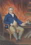 Portrait of the Right Honorable Charles James Fox, M.P. (1749-1806), seated in his study, in a blue coat and mustard waistcoat and britches Reproduction